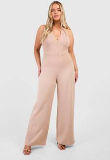 Plus Scuba Crepe Korset Haak- & Oogdetail Halternek Wijde Pijp Jumpsuit, Sand - 56
