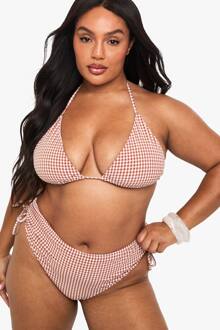 Plus Seersucker Gingham Bikini Top Met Strik Aan De Voorkant In Een Driehoekig Ontwerp, Chocolate - 50