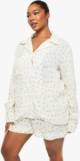 Plus Seersucker Lemon Langarm Overhemd En Korte Pyjama Set, Lemon - 44