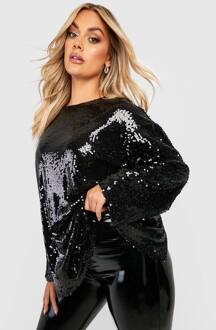 Plus Sequin Top Met Lange Mouwen En Open Rug Top, Black - 54