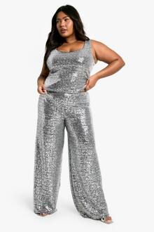 Plus Sequin Wijde Pijpen Broek, Silver - 46
