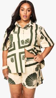 Plus Shell Print Linnen Shorts, Ecru - 50