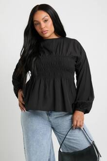 Plus Shirred Lange Mouw Peplum, Black - 48