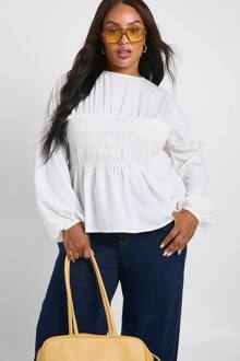 Plus Shirred Lange Mouwen Peplum, White - 54
