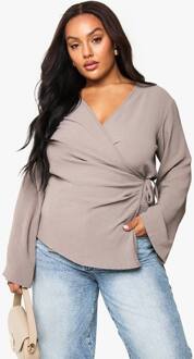 Plus Shirt Met Lange Mouwen En Asymmetrische Strik Aan De Voorkant, Mocha - 46