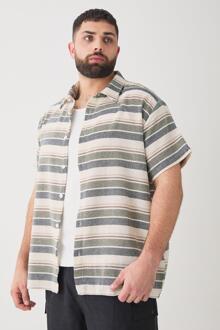 Plus Short Sleeve Oversized Textured Stripe Shirt In Stone, Stone - XXL