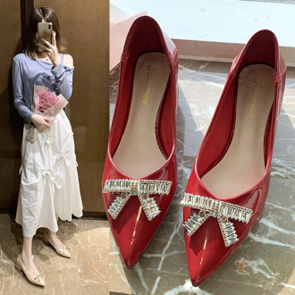 Plus Size 34-43 Ol Office Lady Shoes Crystal Pumps Medium Heels Dress Shoes Women Patent Leather Boat Shoes zapatos mujer