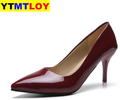 Plus Size 35-44 Pu Leather Women Pumps New Fashion Sexy Pointed Toe Shallow Shoes Woman High Heels Party Black Red 8CM Summer 0