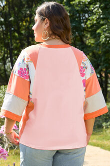 Plus Size Bloemen 3/4 Mouwen Top Koraal