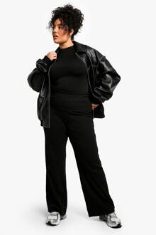 Plus-Size Broek Met Zware Rib, Neerklapbare Tailleband En Rechte Pijpen, Black - 56