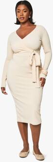 Plus-Size Geribde Wikkel Midi Jurk, Stone - 54