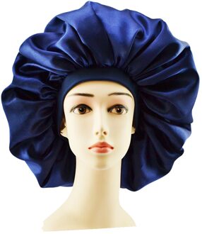 Plus Size Satijn Zijdeachtige Motorkap Slaap Night Cap Waterdichte Hoofd Cover Motorkap Hoed Voor Krullend Veerkrachtig Hair Douche Caps P7Ding donker blauw