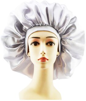 Plus Size Satijn Zijdeachtige Motorkap Slaap Night Cap Waterdichte Hoofd Cover Motorkap Hoed Voor Krullend Veerkrachtig Hair Douche Caps P7Ding zilver wit