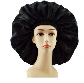 Plus Size Satijn Zijdeachtige Motorkap Slaap Night Cap Waterdichte Hoofd Cover Motorkap Hoed Voor Krullend Veerkrachtig Hair Douche Caps P7Ding zwart