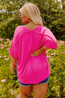 Plus Size V-hals Korte Mouw Top - maat 3XL Roze