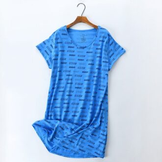 Plus Size Zomer Vrouwen Blauw Nachthemd Korte Mouw Ronde Kraag Nightgowns Vrouwelijke Casual Brief Print Nachtkleding Sleepdress Xxxl