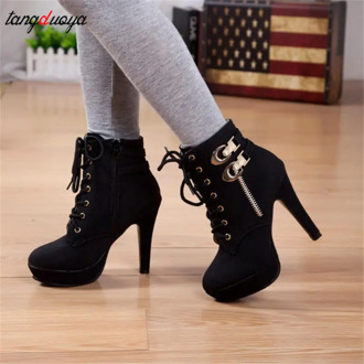 Plus Size35-43 Ankle Boots Women Platform High Heels Female Lace Up Shoes Woman Buckle Short Boot Casual Ladies Footwear heel