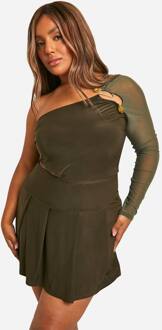 Plus Slinky Cut Out Asymmetrische Skort Romper, Khaki - 54