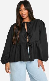 Plus Smocktop Met Strikdetail Aan De Voorkant En Lange Mouwen, Black - 44