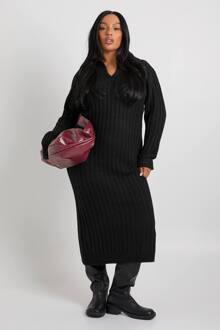 Plus Soft Knit Thick Rib Collardetail Maxi-Jurk, Black - 44