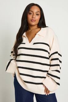 Plus Soft Knoopkraag Gestreepte Trui, Ecru - 48-50