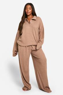 Plus Soft Rib Top Met Kraag & Broek Lounge Set, Mocha - 54