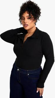 Plus Soft Rib Top Met Kraag En Lange Mouwen, Black - 54