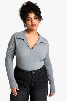 Plus Soft Rib Top Met Kraag En Lange Mouwen, Grey - 52