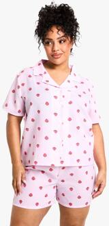 Plus Strawberry Stripe Overhemd & Korte Pajamaset, Pink - 44
