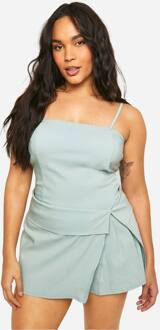 Plus Stretch Geweven Romper Met Omgeslagen Taille Detail Romper, Sage - 56