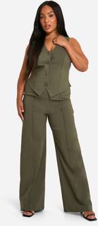 Plus Super Stretch Weste & Broek Met Rechte Pijpen En Voornaad, Khaki - 54