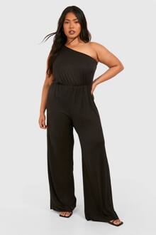 Plus Super Zachte Basic One Shoulder Strand Jumpsuit, Black - 46