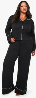 Plus Super Zachte Modal Lang Mouw Overhemd & Broek Pyjama Set, Black - 52