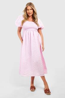Plus Textured Gingham Midi Jurk Met Pof Mouwen, Baby Pink - 56