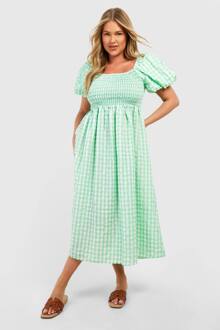 Plus Textured Gingham Midi Jurk Met Pof Mouwen, Green - 46