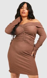 Plus Textured Off Shoulder Ruched Bodycon Dress, Camel - 18