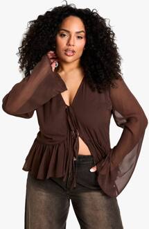 Plus Tie Front Ruffle Blouse, Chocolate - 54