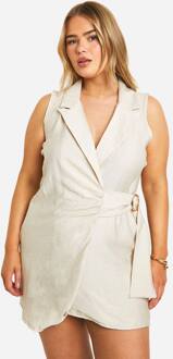 Plus Tie-Zijdige Linnen-Look Blazerjurk, Stone - 48