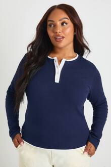 Plus Top Met Contrasterende Details En Lange Mouwen, Navy - 48