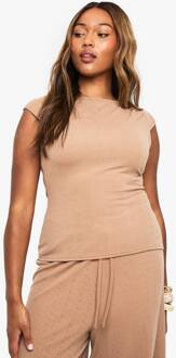 Plus Top Met Gerimpelde Ribstructuur En Brede Halslijn, Mocha - 50