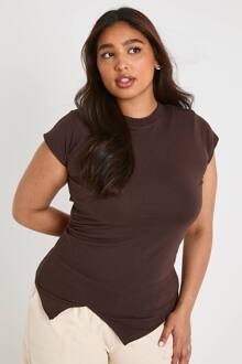 Plus Top Met Gerimpelde Zijkanten, V-Hals En Capmouwen, Chocolate - 44