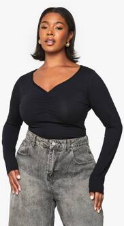 Plus Top Met Kantaccent En Gerommelde Lange Mouwen, Black - 44