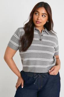 Plus Top Met Kraagdetail En Gestreepte Gebreide Top, Grey - 54