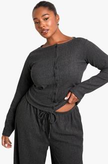 Plus Top Met Lange Mouwen En Textuur Via Knoopsluiting, Charcoal - 52