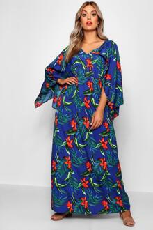 Plus Tropische Maxi Jurk Met Kimono Mouwen, Blauw - 50