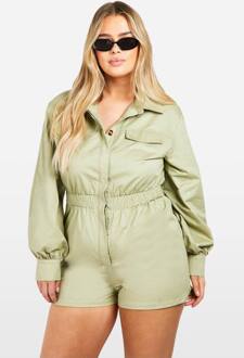 Plus Utility Lange Mouwen Romper, Khaki - 46