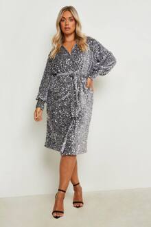 Plus Velvet Sequin Wrap Midi Jurk, Silver - 48