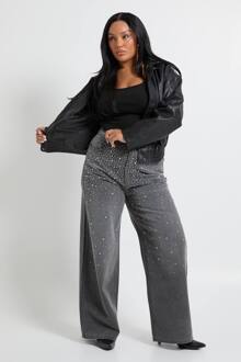 Plus Versierde Hoge Taille Rechte Pijp Jeans, Grey - 44