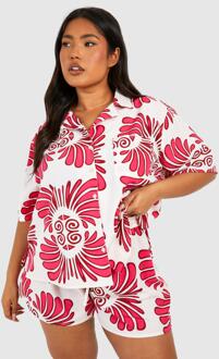 Plus Woven Abstract Print Short Sleeve Shirt & Short Co-Ord, Pink - 20
