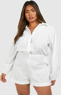 Plus Woven Embroidery Detail Long Sleeve Romper, White - 18
